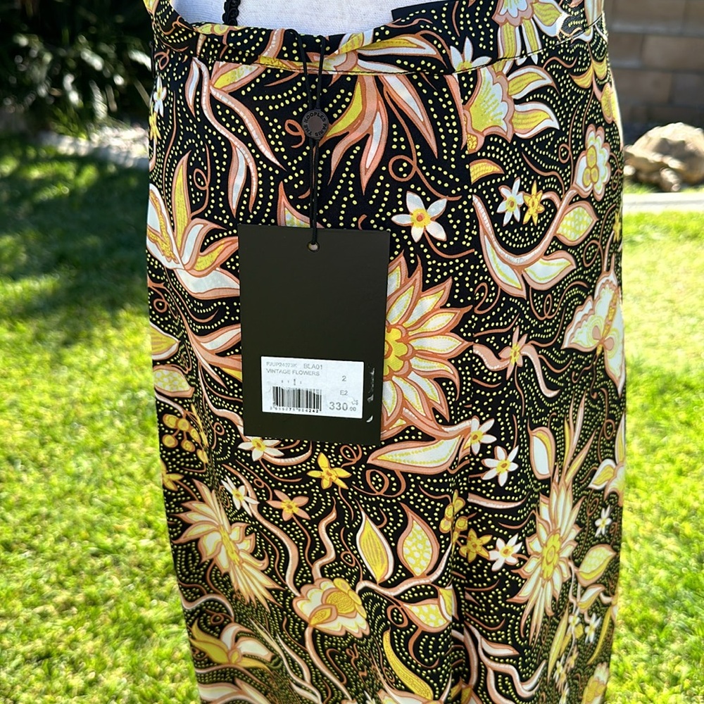 Kooples Paris “Vintage flowers” women’s size 2 asymmetrical blk/yellow skirt NWT - Picture 10 of 11